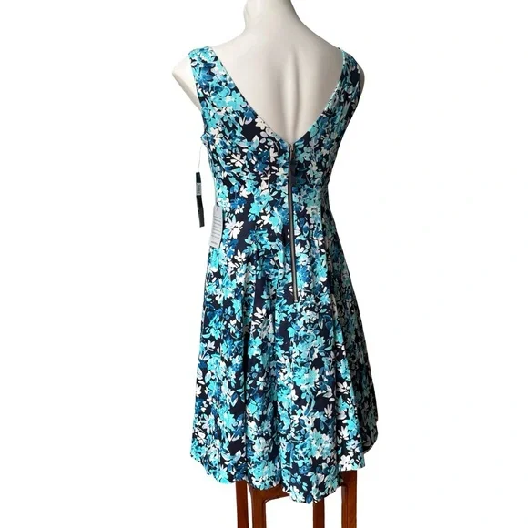 NWT, Maggy London Fit and Flare Sleeveless Summer Dress, Navy and Aqua, Sz 8 - Picture 6 of 16